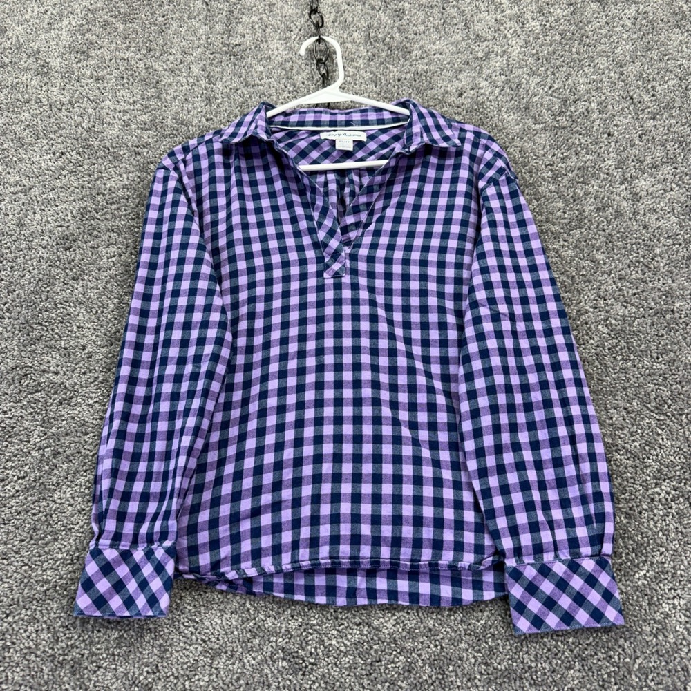 Tommy Bahama Blouse Womens XS Purple Gingham Long Sleeve V-Neck